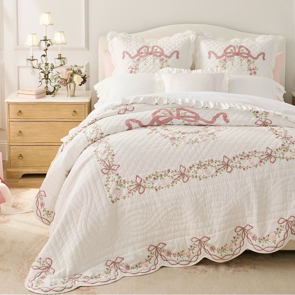 LoveShackFancy Floral Embroidered Duvet Cover - White and Pink